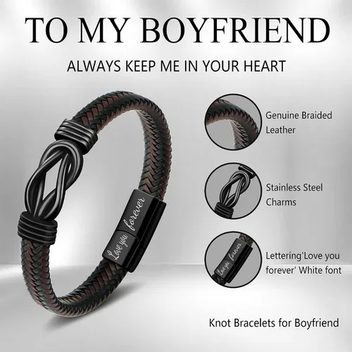 Miniatura 4 de Pulseras de nudo JoycuFF Regalos para hombres Marrón cuero trenzado acero inoxidable pulseras de infinito con inscripción Amor eterno Regalos