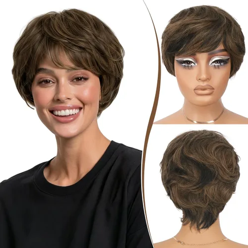 Miniatura 14 de RUWISS Peluca de cabello humano con corte Pixie, peluca de cabello humano con flequillo, peluca negra corta natural en capas, ondulada, diferentes
