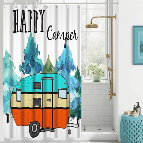 Miniatura 35 de Cortina de ducha Happy Camper de 48 x 72 pulgadas, diseño de caricaturas, remolque, hoguera, aventura al aire libre, cortina de baño para decoración