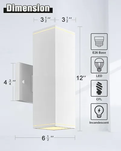 Miniatura 3 de Ken & Ricky Apliques de pared para exteriores, moderna lámpara exterior arriba y abajo, lámpara exterior cuadrada con acabado blanco lijado, 1