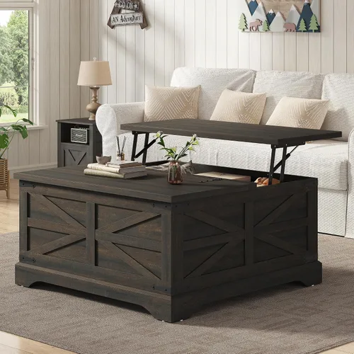 Miniatura 13 de Furnideco - Mesa de centro de granja con superficie elevable, mesa central cuadrada de madera con gran compartimento de almacenamiento oculto