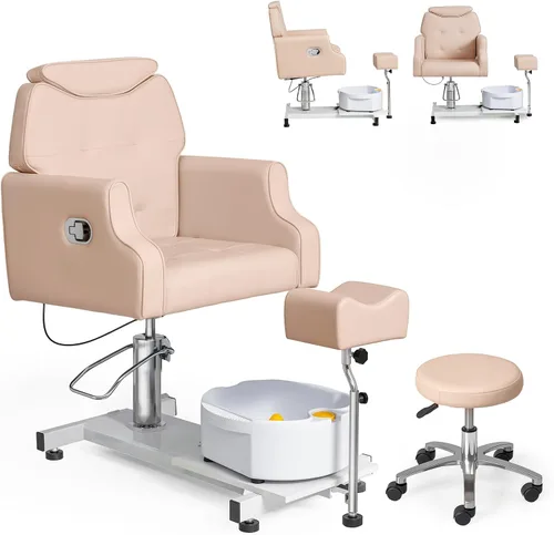 Miniatura 10 de OmySalon Silla de pedicura con taburete y baño de pies de masaje de burbujas, rotación de 360°, asiento hidráulico ajustable, estación Pedi