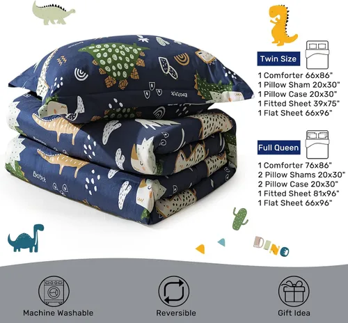 Miniatura 6 de HollyHOME Juego de edredón de 5 piezas para adolescentes en una bolsa con patrón de dinosaurio, juego de ropa de cama para niños, azul