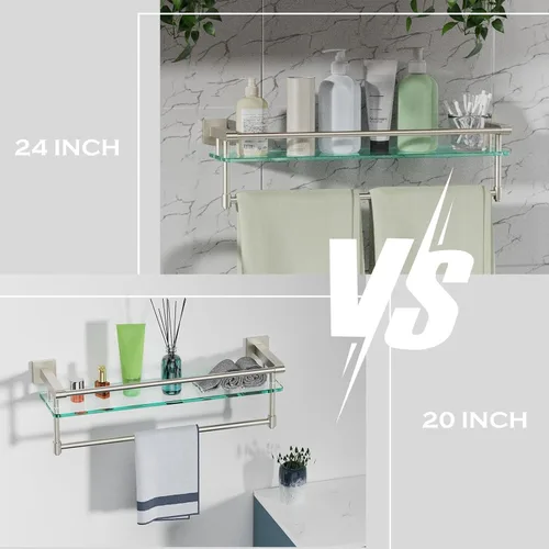 Miniatura 5 de Estantería de vidrio para baño de 24 pulgadas moderna montada en la pared con 1 estante, níquel cepillado, 1 toallero, capacidad de peso de 45 lbs