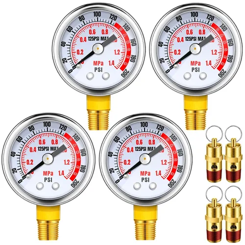 Xuhal 4 Pcs 0-100 PSI Air Pressure Gauge - 1/8'' Male NPT Connection, Lower Side Mount, 1.57 Inch Dial Air Compressor Gauge - Waterproof, Stainless