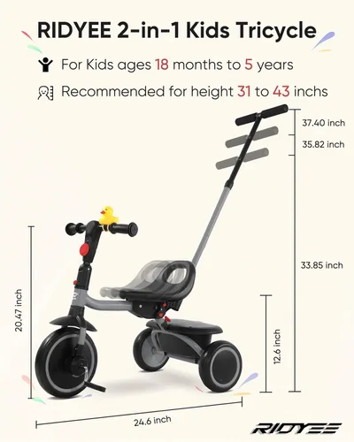Miniatura 6 de RIDYEE Triciclo para niños pequeños de 18 meses a 5 años con mango de empuje extraíble, triciclos para niños de 3 a 5 años, ideal para familias