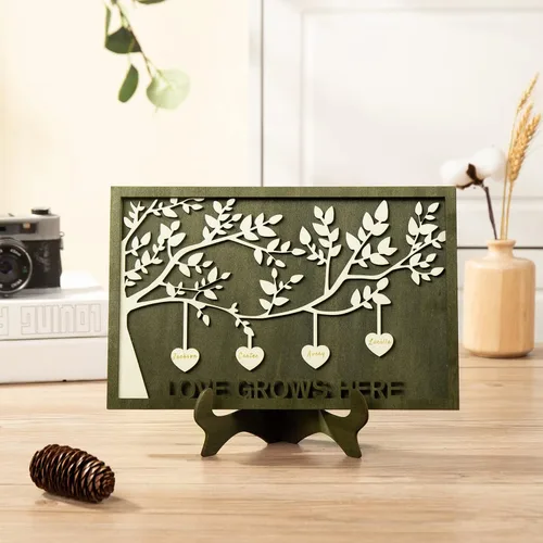 Miniatura 4 de Jeweidea Letrero personalizado con nombre de la familia con 2-9 nombres, adorno personalizado con placa grabada del árbol de la vida con soporte, 2