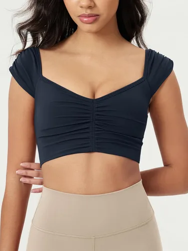 Miniatura 7 de ODODOS Camiseta corta sin mangas con cuello en V y frente fruncido para mujer, recortada en la espalda, manga casquillo