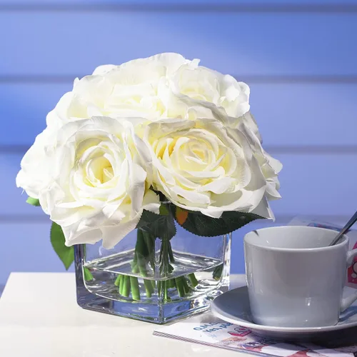 Miniatura 2 de ENOVA FLORAL Flores artificiales en jarrón, arreglos florales falsos en jarrón con agua sintética para bodas, mesa de comedor (crema)