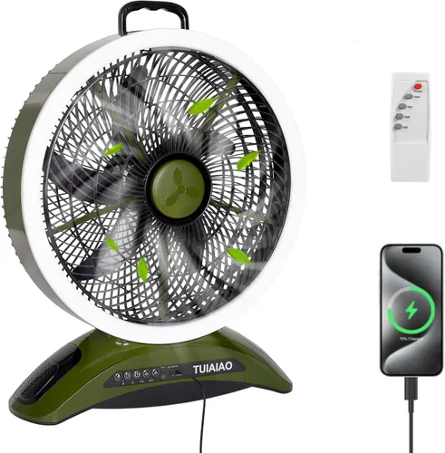 Ventilador de campamento con batería de 45000 mAh con LED, aspas grandes de 12 pulgadas, ventilador portátil recargable de alta velocidad, Verde y