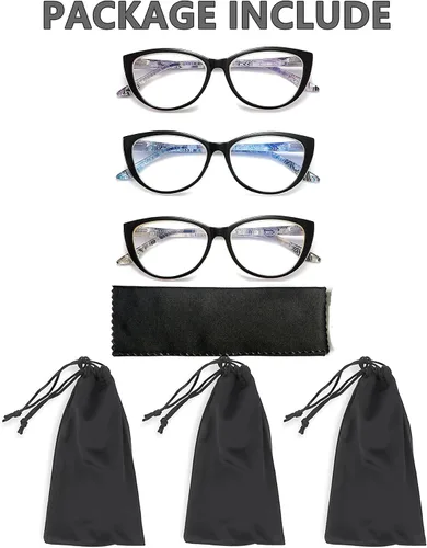 Miniatura 5 de Paquete de 3 lentes de lectura con bloqueo de luz azul, para mujer, diseño elegante de ojo de gato, antifatiga ocular y deslumbramiento, +1.0