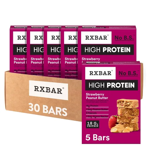 RXBAR Barras altas en proteínas, sin gluten, aperitivos de proteínas, mantequilla de maní y fresa (6 cajas, 30 barras)