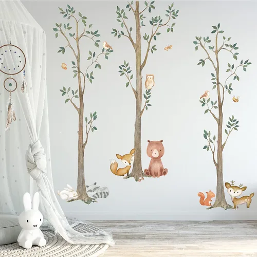 Miniatura 2 de InnovativeStencils Woodland - Calcomanías de acuarela para árbol de pared, diseño de animales, criaturas de abedul, oso, zorro, mapache, conejo