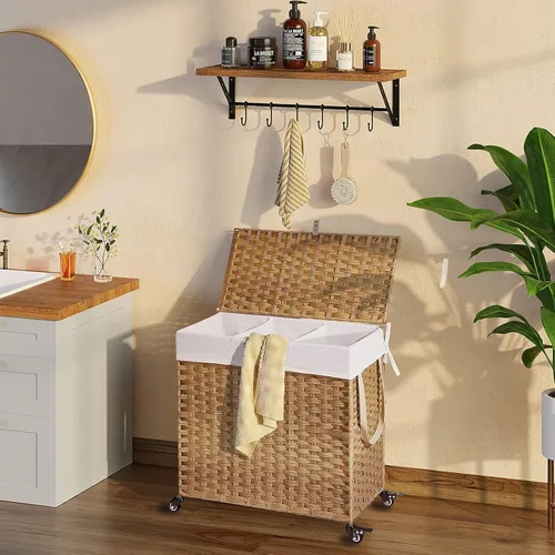 Miniatura 19 de GREENSTELL Cesta para ropa sucia con ruedas y tapa, 130 L, cesta grande de 3 secciones con 2 tipos de bolsas de forro extraíbles, 5 bolsas de malla