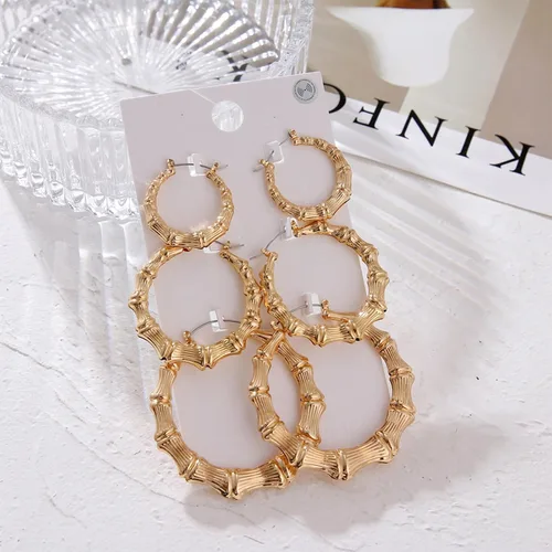 Miniatura 7 de Aretes de bambú para mujeres, gran set de aretes de aro de bambú, estilo hip hop de los 80 y 90, joyería para regalos de fiesta, accesorios