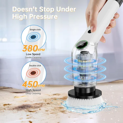 Miniatura 4 de PUFTEM Cepillo Eléctrico Giratorio, Limpiador de Ducha Inalámbrico con 8 Cepillos de Fregar, 2 Velocidades con Mango de Extensión Ajustable
