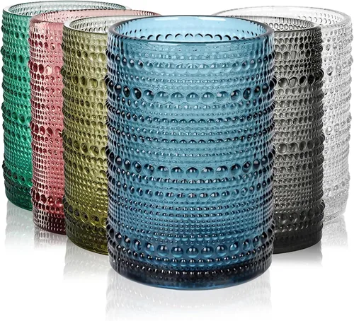 Miniatura 10 de Blue Hobnail - Juego de 6 vasos de vidrio vintage transparente de 15 onzas, vasos altos de vidrio azul vintage para jugo, cerveza, cóctel, leche