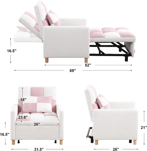 Miniatura 3 de Linique Sofá cama convertible, silla ajustable con almohada, silla multifuncional con tela de peluche suave para sala de estar, dormitorio