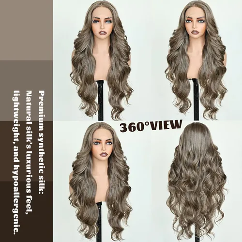 Miniatura 6 de FABELLE - Peluca de cabello sintético rubio ceniza con encaje frontal de 13 x 4 HD, sin pegamento, parte media ondulada de 30 pulgadas, para usar