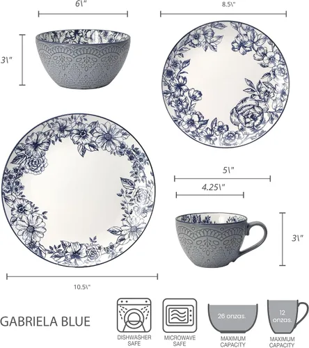 Miniatura 4 de Pfaltzgraff Gabriela Blue - Juego de vajilla de 16 piezas, servicio para 4, platos, tazones y tazas de gres duradero con elegante patrón azul, apto