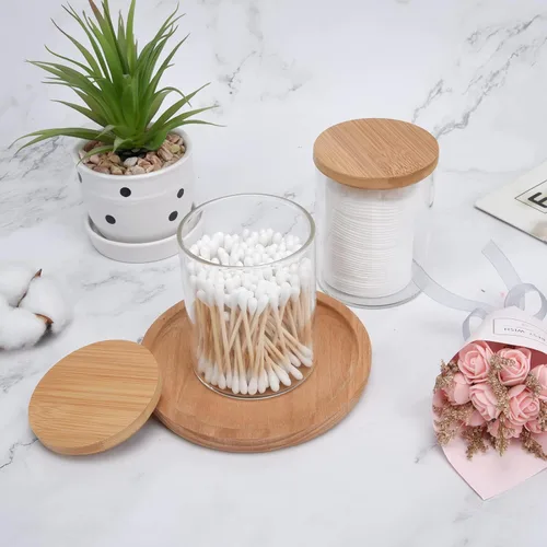 Miniatura 2 de BKYFPQ Juego de 2 dispensadores de vidrio para Qtip - Tarros de boticario con tapas, organizador de maquillaje de tocador y organizador