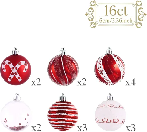 Miniatura 3 de Valery Madelyn Juego de adornos de Navidad, juego de adornos de bolas de Navidad inastillables de 16 quilates, color rojo y blanco, 2.36 pulgadas