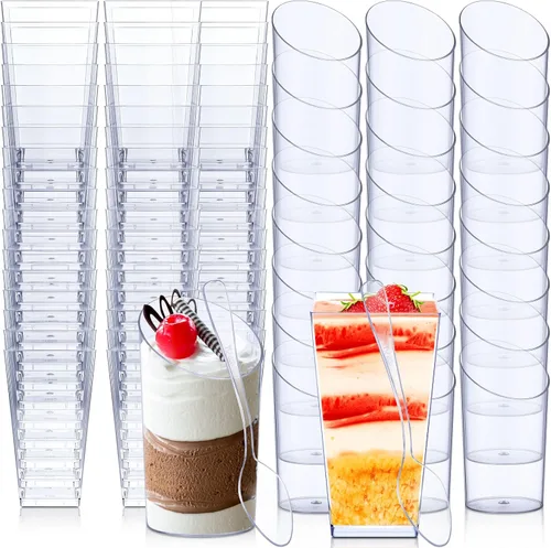 Miniatura 8 de Nuogo 100 mini tazas de postre con cucharas, cuadrados de 3 onzas y 2.5 onzas, inclinadas, redondas, pequeñas, de plástico transparente