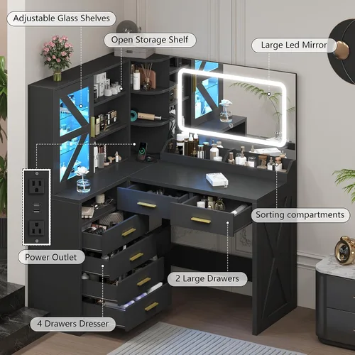 Miniatura 2 de Escritorio esquinero en forma de L con espejo iluminado LED y estación de carga, tocador de maquillaje negro con 6 cajones y gabinete RGB