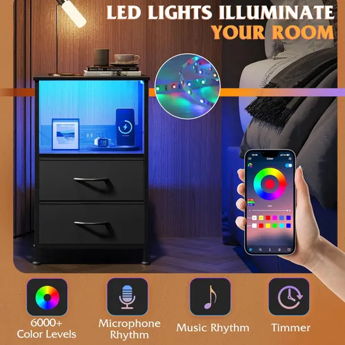 Miniatura 4 de WLIVE - Mesita de noche LED con estación de carga, mesita de noche negra con 2 cajones de tela y estante de almacenamiento, mesa auxiliar