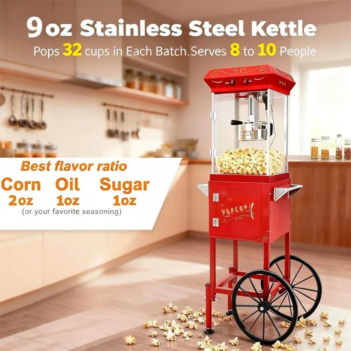 Miniatura 4 de Máquina para hacer palomitas de maíz, hervidor de acero inoxidable de 9 onzas, máquina de palomitas de maíz con ruedas de carro, estilo retro de Rojo