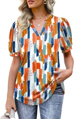 Miniatura 2 de OFEEFAN Blusas plisadas de manga abombada para mujer, cuello en V, holgadas, elegantes, casuales, S-3XL