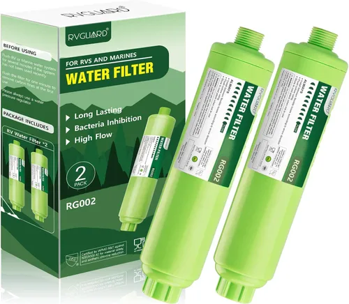 RVGUARD Filtro de agua en línea para RV, reduce olores, mal sabor, óxido, cloro, ideal para RV y uso marino, paquete de 2