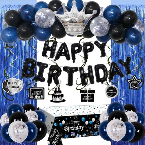 Decoraciones de cumpleaños para niños, hombres, mujeres y niñas, decoración de fiesta de feliz cumpleaños azul y negro, pancarta de feliz