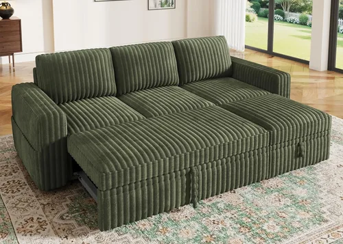 Miniatura 15 de HONBAY - Sofá seccional modular con cama desplegable, sofá en forma de L de pana con almacenamiento, sofás seccionales para sala de estar, verde