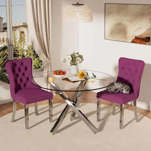 Miniatura 13 de Juego de mesa de comedor redonda de cristal moderno de mediados de siglo para 4, juego de vajilla circular de lujo plateado de 5 piezas, juego