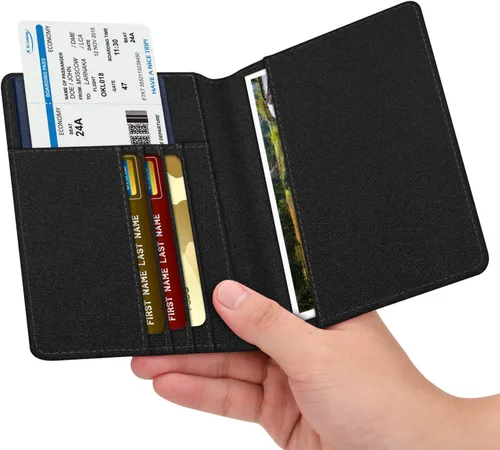 Miniatura 2 de Fintie - Funda para tarjetas y pasaporte, de piel sintética, bloqueo RFID, cartera de viajes (mezclilla negra)