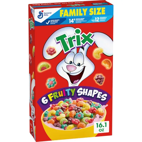 Trix Cereal de desayuno afrutado, 6 formas afrutadas, grano entero, tamaño familiar, 16.1 onzas