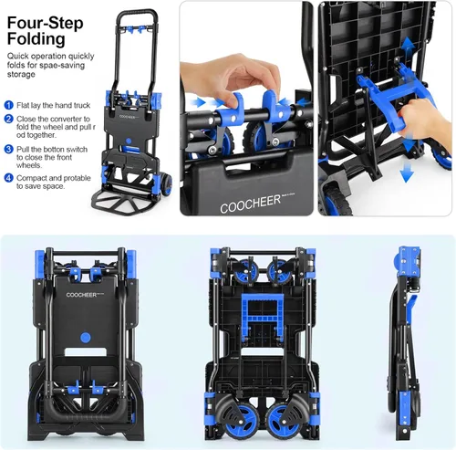 Miniatura 5 de Carro de mano plegable 2 en 1, carrito de mano plegable de 330 libras, carrito de mano plegable con mango retráctil y 4 ruedas de goma, carrito