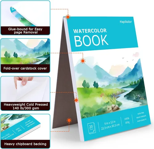 Miniatura 7 de Hapikalor Bloc de Papel de Acuarela, Papel de Acuarela de 9"x12", Libro de Papel de Dibujo y Pintura de Artista de 140lb/300gsm, Suministros de Arte