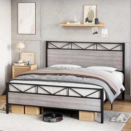 Miniatura 3 de Senfot Base de cama de tamaño matrimonial con cabecera y estribo de madera rústica, plataforma de metal, soporte de listones de acero resistente,