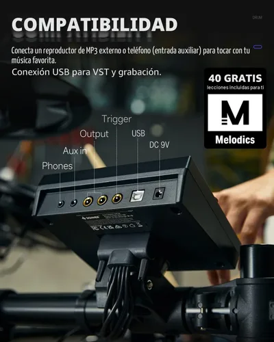 Miniatura 3 de Donner DED-200 - Baterías Eléctricas con Almohadillas de Malla Silenciosa, 2 Platillos con Ahogador, 31 Kits y más de 450 Sonidos, Banqueta