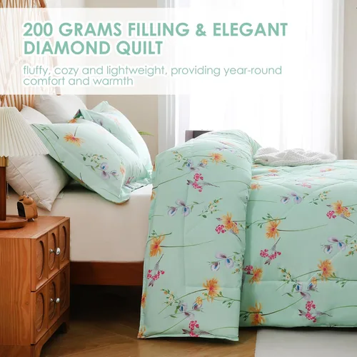 Miniatura 4 de Juego de ropa de cama JSD de microfibra con estampado floral verde, tamaño Queen, 3 piezas, edredón alternativo ligero para todas las estaciones
