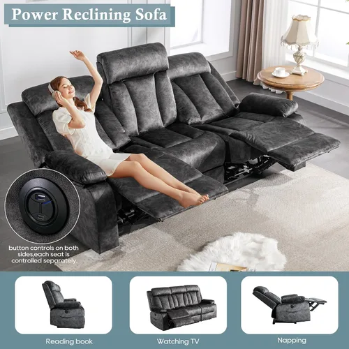 Miniatura 3 de Sofá reclinable eléctrico GUEAPY, sofá reclinable de 3 plazas con masaje y calor, mesa desplegable, puertos de carga USB y tipo C, portavasos, Gris