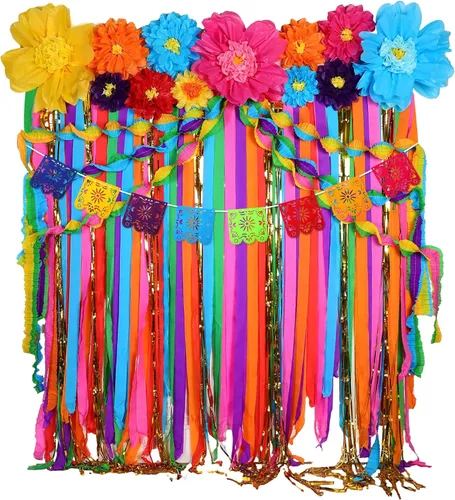 TaoBary Juego de 28 piezas de decoración de fiesta mexicana, flores de papel mexicano, fiesta con volantes, fondo de papel picado, decoraciones de