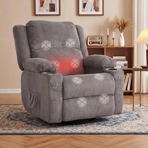 Silla reclinable giratoria de 360 grados con calor y masaje, planeador reclinable manual de pana suave con puerto USB, 2 portavasos y 4 bolsillos de
