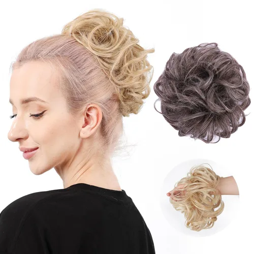 Miniatura 22 de Moño de cabello despeinado castaño, moños desordenados falsos sintéticos, moño rizado, moño recogido y moño, extensiones de cabello envolvente