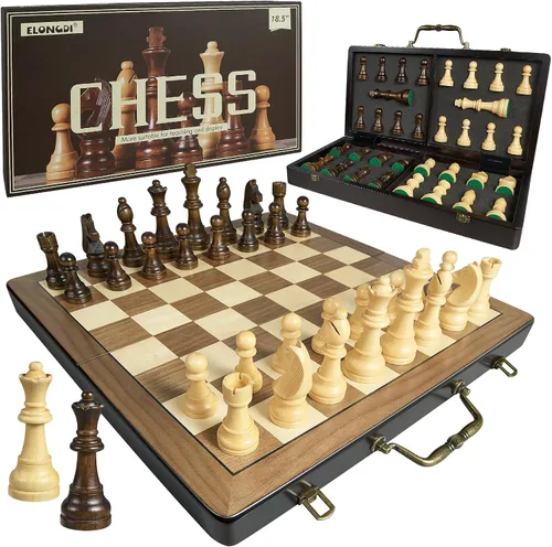 Juego de ajedrez de madera de 18.5 pulgadas con asa, juegos de ajedrez para adultos y niños, juegos de mesa plegables portátiles con tamaño King de