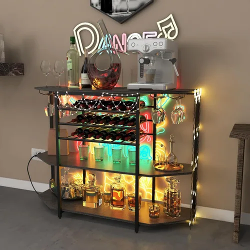 Miniatura 7 de COSTWAY Armario para bar de vinos, gabinete de licor de 3 niveles con tomas de corriente, estantes para botellas de vino, soportes de vidrio, Gris