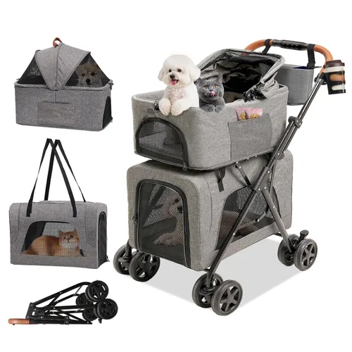 Miniatura 10 de Cochecito de perro para mascotas pequeñas, transportador de 4 ruedas todo terreno para gatos y perros con ruedas delanteras de 360°, mango ajustable
