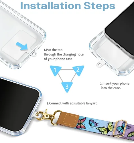 Miniatura 7 de Cordón cruzado para teléfono celular con correa para la muñeca, diseño de bonita mariposa, para colgar alrededor del cuello, correa ajustable